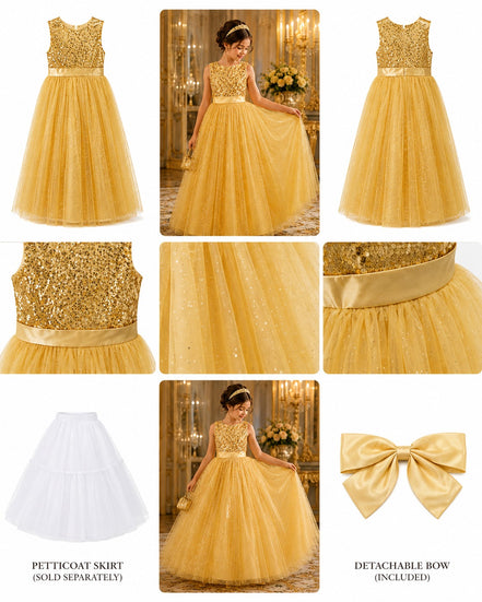 Golden Sequin Princess Dress for Girls – Glitter Tulle Party Gown with Detachable Bow & Petticoat (160cm))