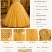 Golden Sequin Princess Dress for Girls – Glitter Tulle Party Gown with Detachable Bow & Petticoat (160cm))