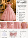 Dusty pink princess dress with product details and measurements.