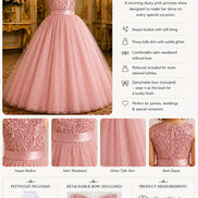 Dusty pink princess dress with product details and measurements.