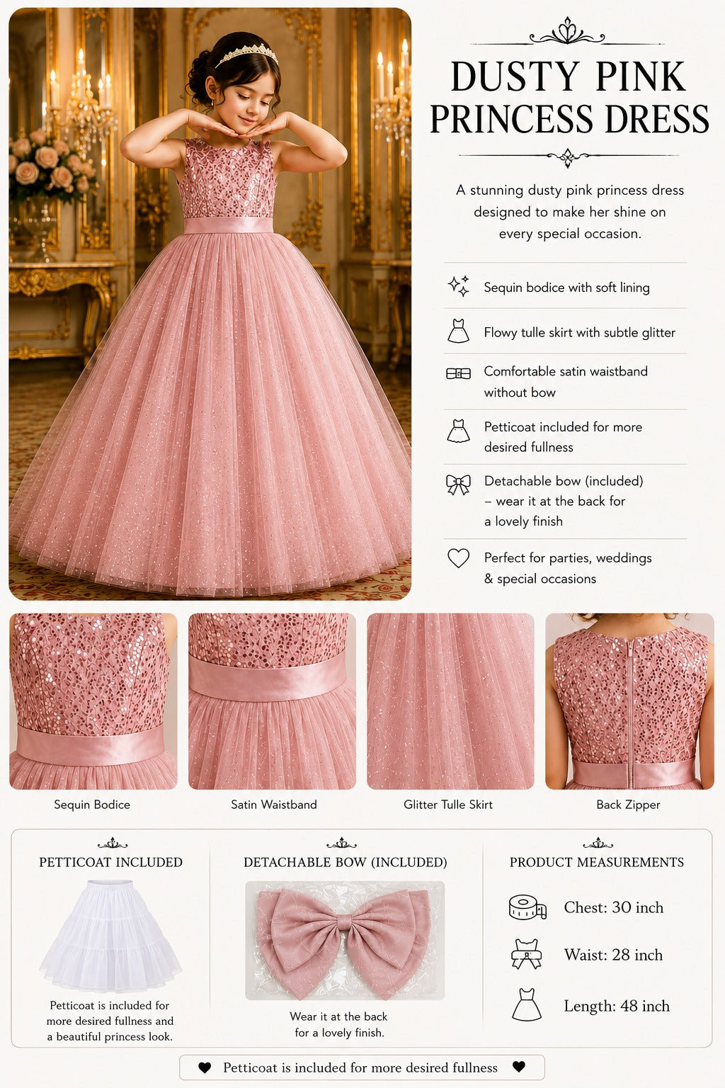 Dusty pink princess dress with product details and measurements.