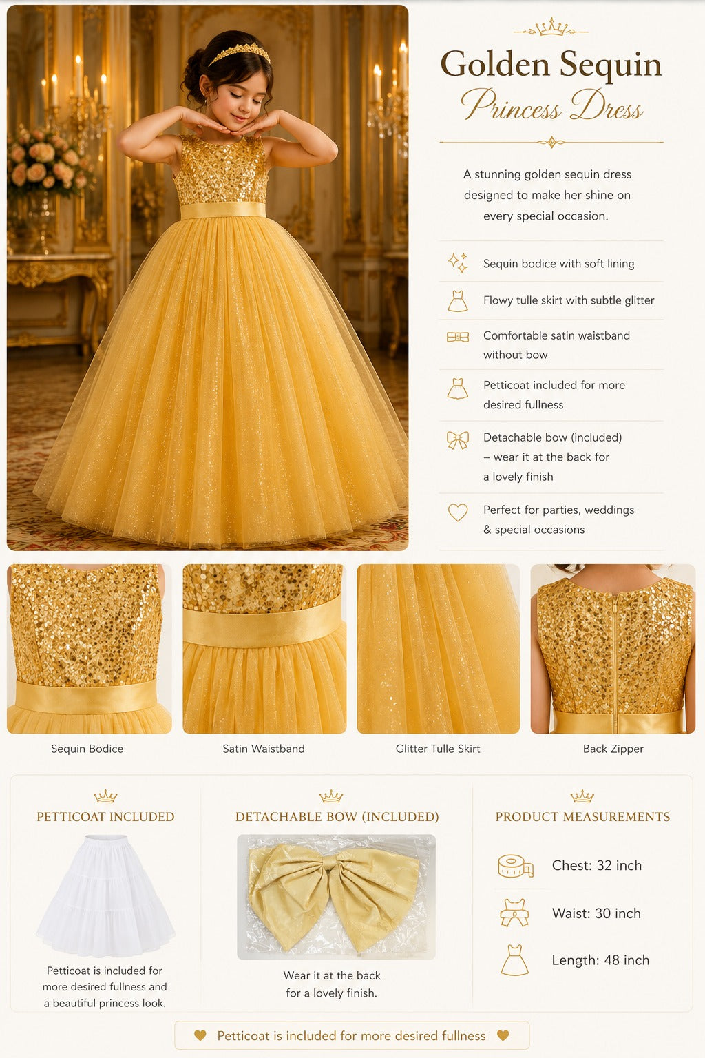 Gold sequin princess dress with product details and specifications.