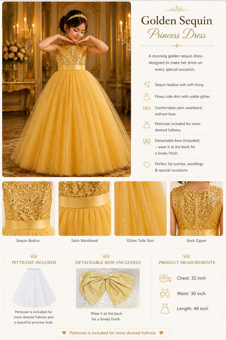 Gold sequin princess dress with product details and specifications.
