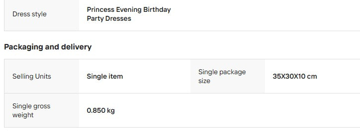 Product listing for princess evening birthday party dresses with packaging and delivery details.