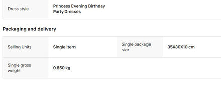 Product listing for princess evening birthday party dresses with packaging and delivery details.