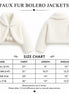 Faux fur bolero jackets with a size chart on a white background