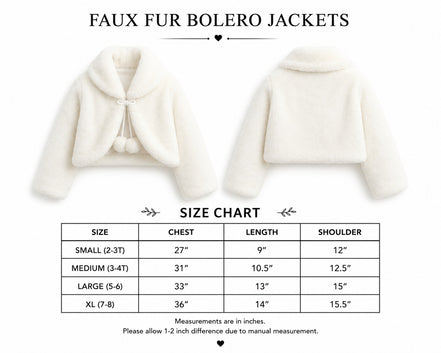 Faux fur bolero jackets with a size chart on a white background