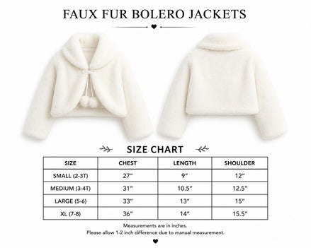 Faux fur bolero jackets with a size chart on a white background