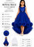 Royal blue tulle dress with detachable bow on a white background