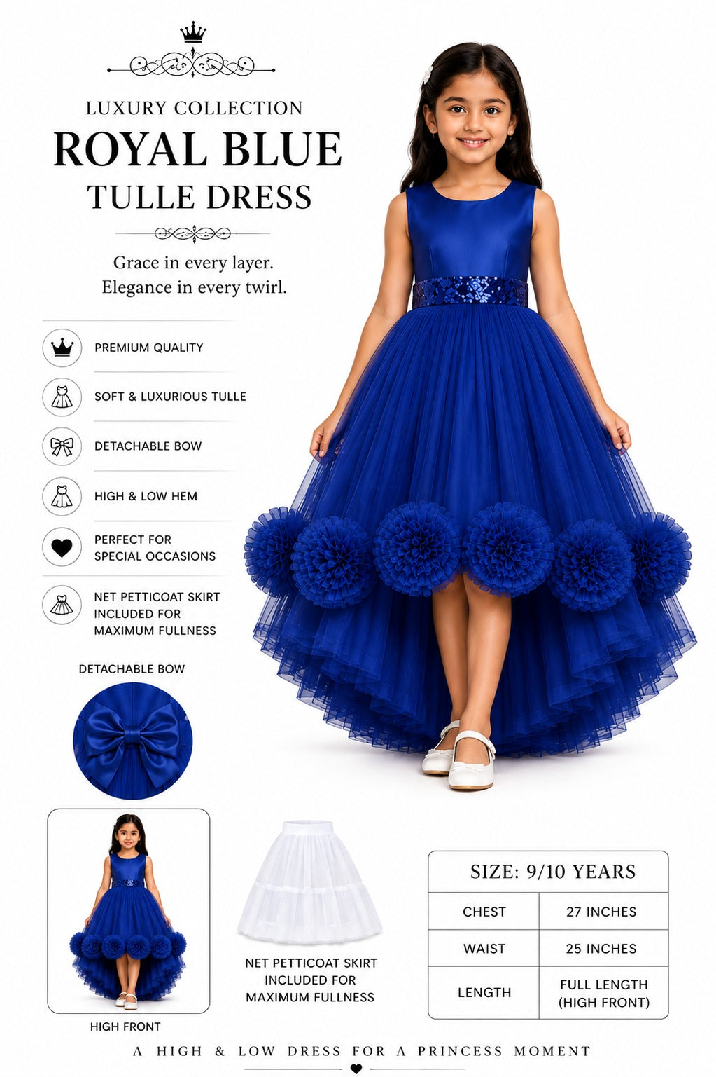 Royal blue tulle dress with detachable bow on a white background