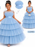 Light blue tiered dress with a girl model, showing dress details and measurements.