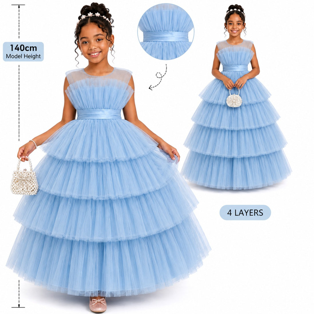 Light blue tiered dress with a girl model, showing dress details and measurements.