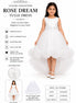 White tulle dress with detachable bow for a young girl, displayed against a white background.