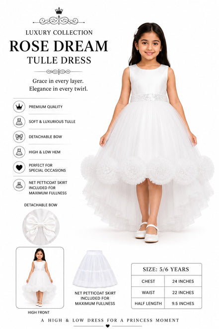 White tulle dress with detachable bow for a young girl, displayed against a white background.