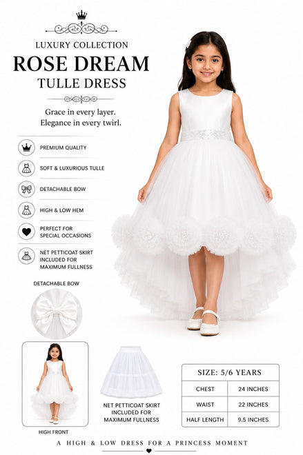White tulle dress with detachable bow for a young girl, displayed against a white background.