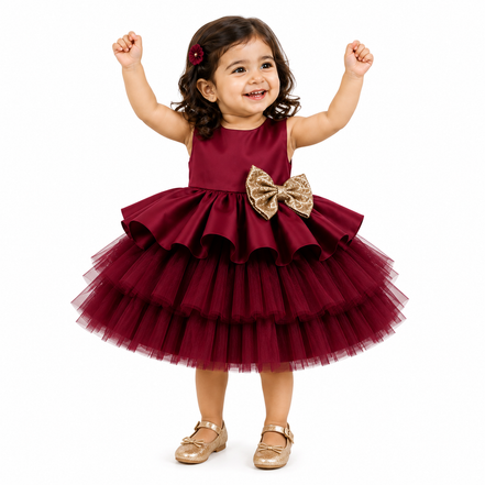 Wine Red Luxury Layered Tulle Party Dress with Detachable Bow: 100cm, 110cm & 120cm