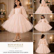 Collage of a young girl wearing a light peach princess tulle dress in an elegant room setting.