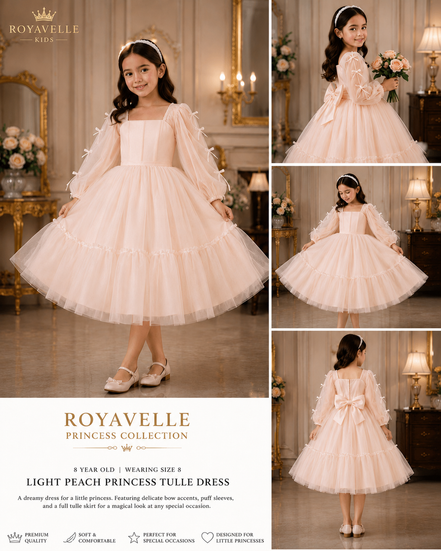 Collage of a young girl wearing a light peach princess tulle dress in an elegant room setting.