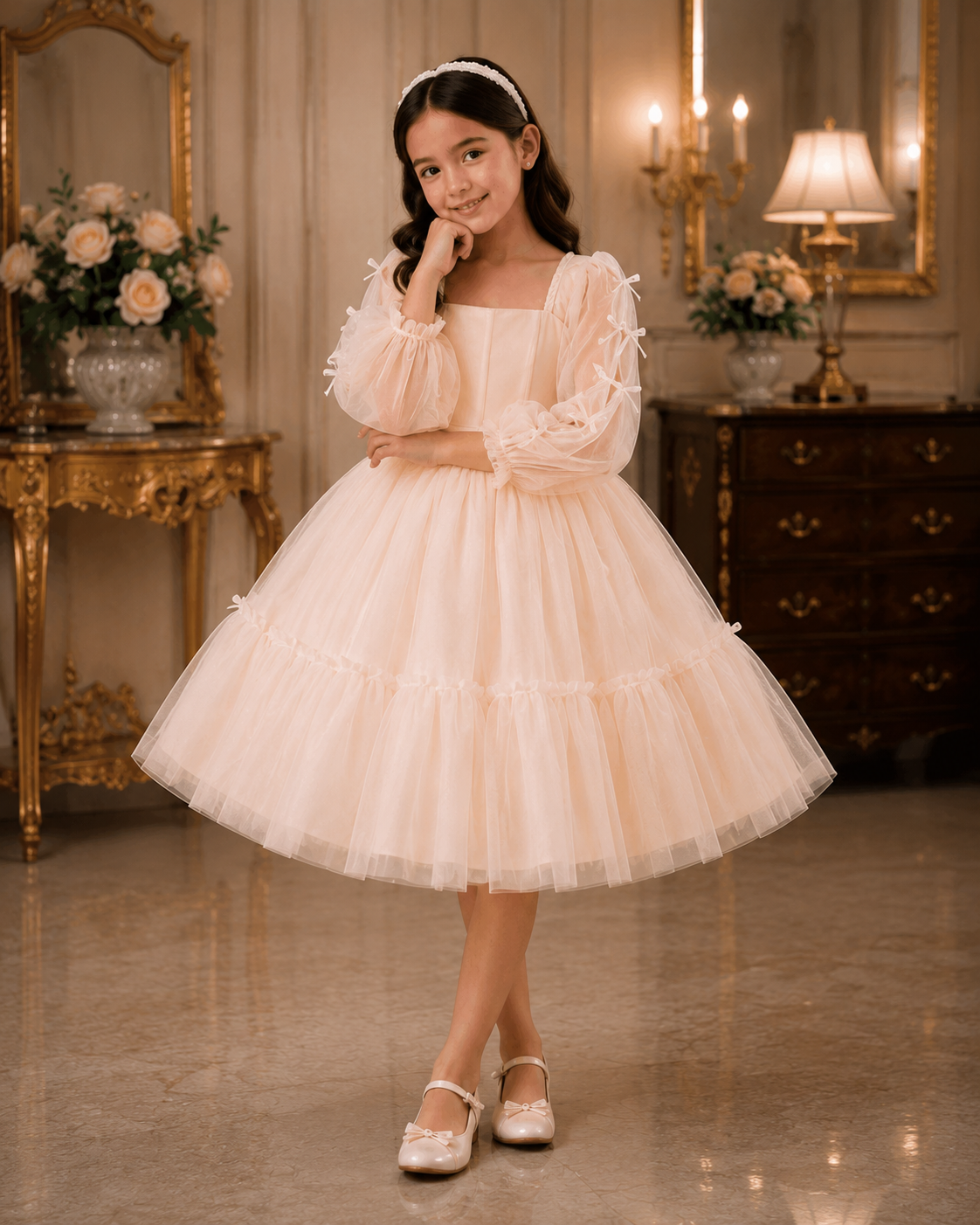 Young girl in a white dress standing in an elegant room with decorative furniture and flowers.