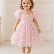 Young girl wearing a pink dress with butterfly embellishments in a white room.