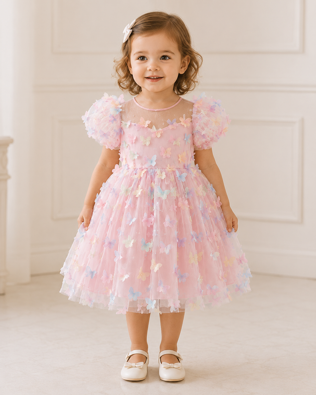 Young girl wearing a pink dress with butterfly embellishments in a white room.