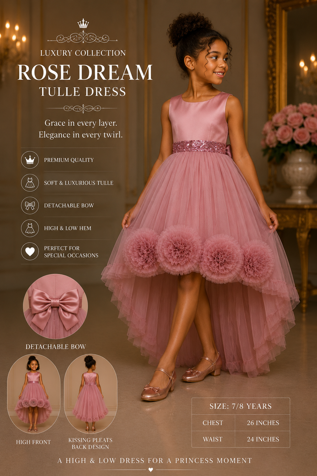 Pink tulle dress with detachable bow on a model, set against a decorative background.
