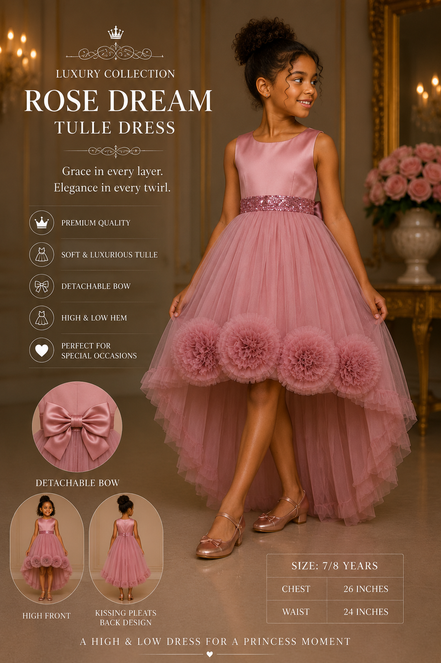 Pink tulle dress with detachable bow on a model, set against a decorative background.
