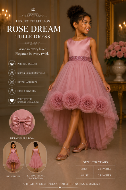 Pink tulle dress with detachable bow on a model, set against a decorative background.