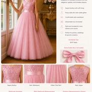 Pink sequin princess dress with product details on a white background