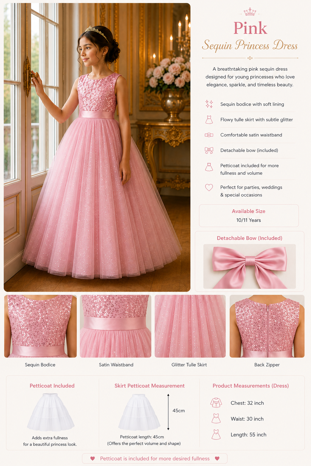 Pink sequin princess dress with product details on a white background