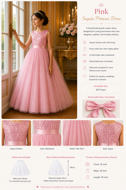 Pink sequin princess dress with product details on a white background