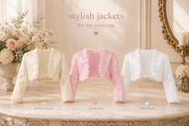 Three stylish jackets in cream, blush pink, and pure white on a decorative table with floral arrangements.