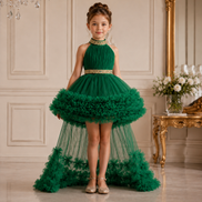 Bottle Green Halter-Neck Luxury Party Dress for Girls