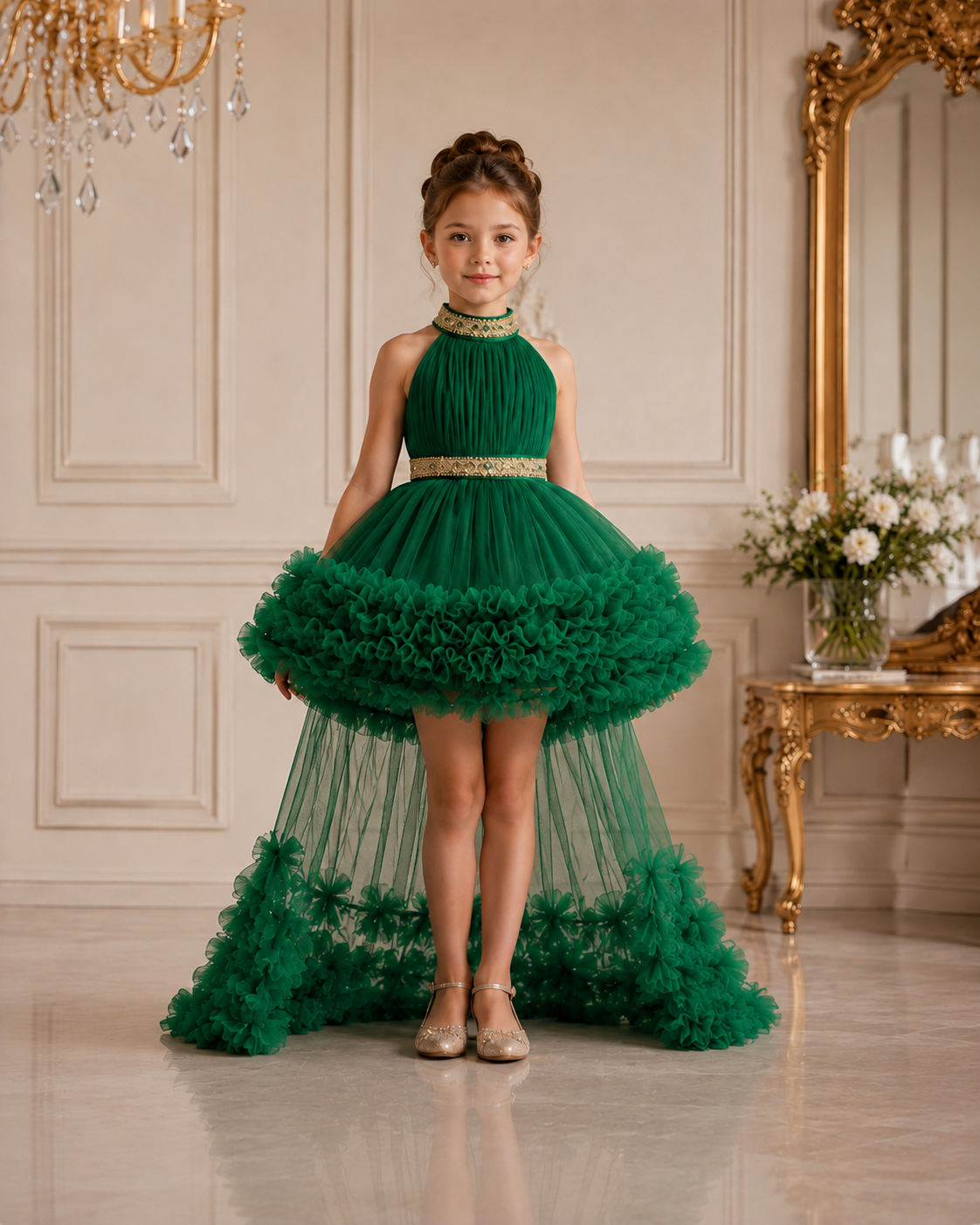Bottle Green Halter-Neck Luxury Party Dress for Girls