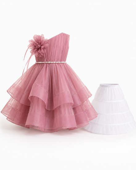 Pink one-shoulder dress with a flower detail on a white background
