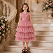 Dusty Pink 4-Tier Tulle Princess Dress for Girls – Knee Length Party Dress: 100cm & 110cm