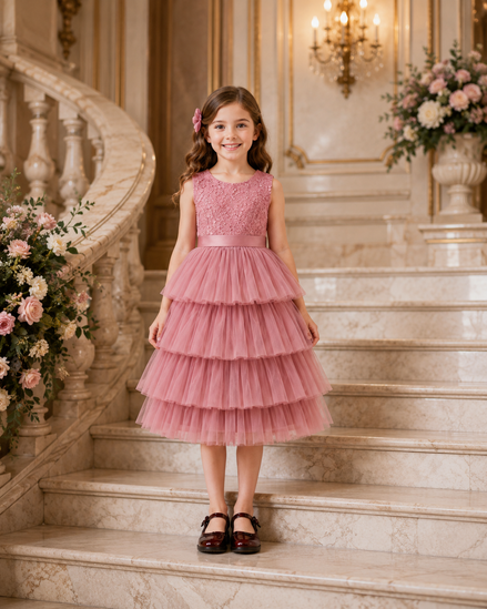 Dusty Pink 4-Tier Tulle Princess Dress for Girls – Knee Length Party Dress: 100cm & 110cm