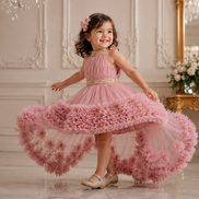 Young girl in a pink floral dress twirling in a grand room.