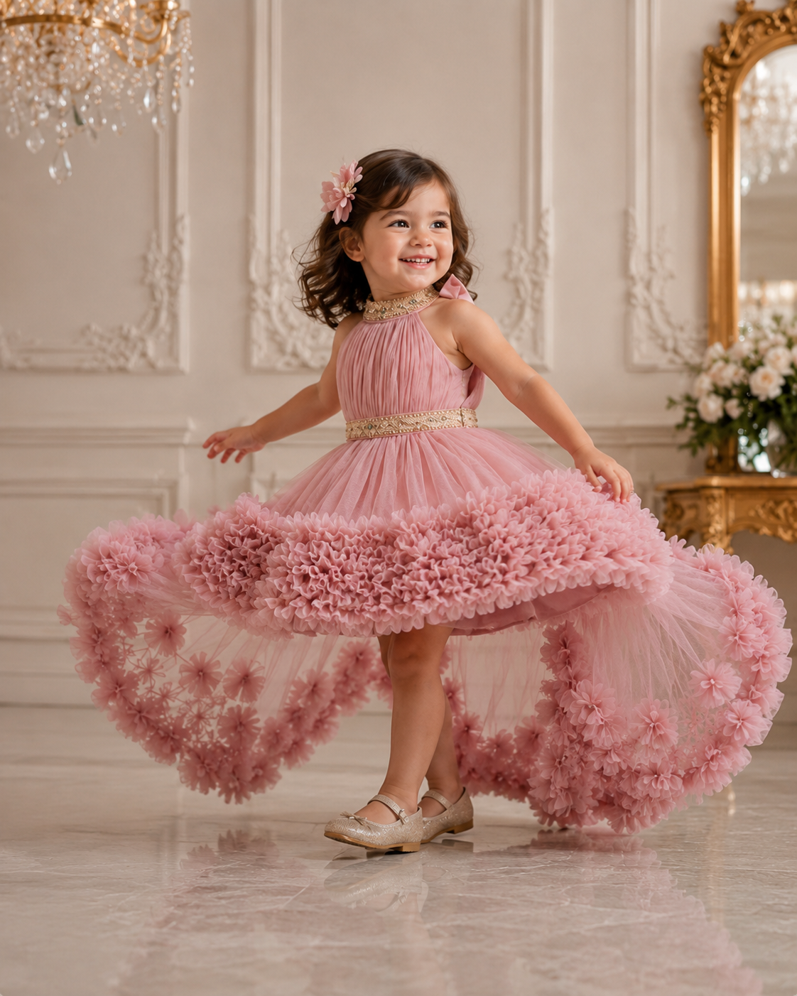 Young girl in a pink floral dress twirling in a grand room.
