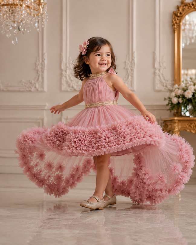 Young girl in a pink floral dress twirling in a grand room.