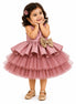 Young girl wearing a pink dress with a large bow on a white background