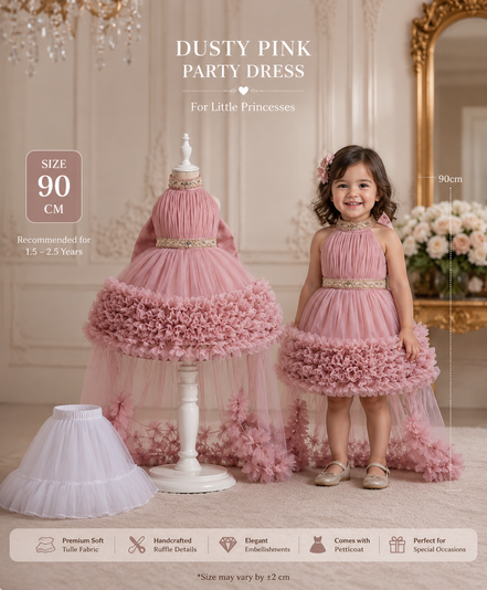 Dusty pink party dress for young girls with a matching dress form in a decorative room.