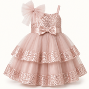 Pink sequin dress with bow details on a white background