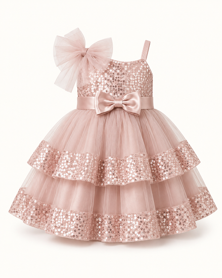 Pink sequin dress with bow details on a white background
