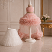 Pink dress with feathered details on a stand in an elegant room.