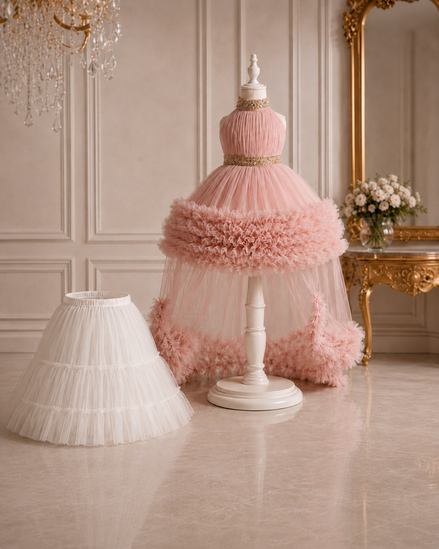 Pink dress with feathered details on a stand in an elegant room.