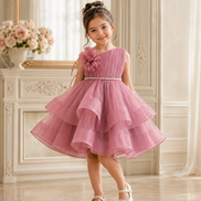 Young girl in a pink dress standing in a decorated room with flowers in the background