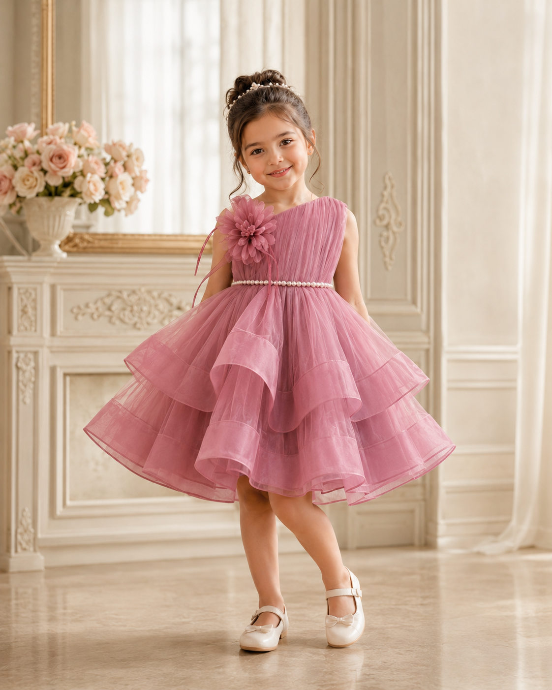 Young girl in a pink dress standing in a decorated room with flowers in the background