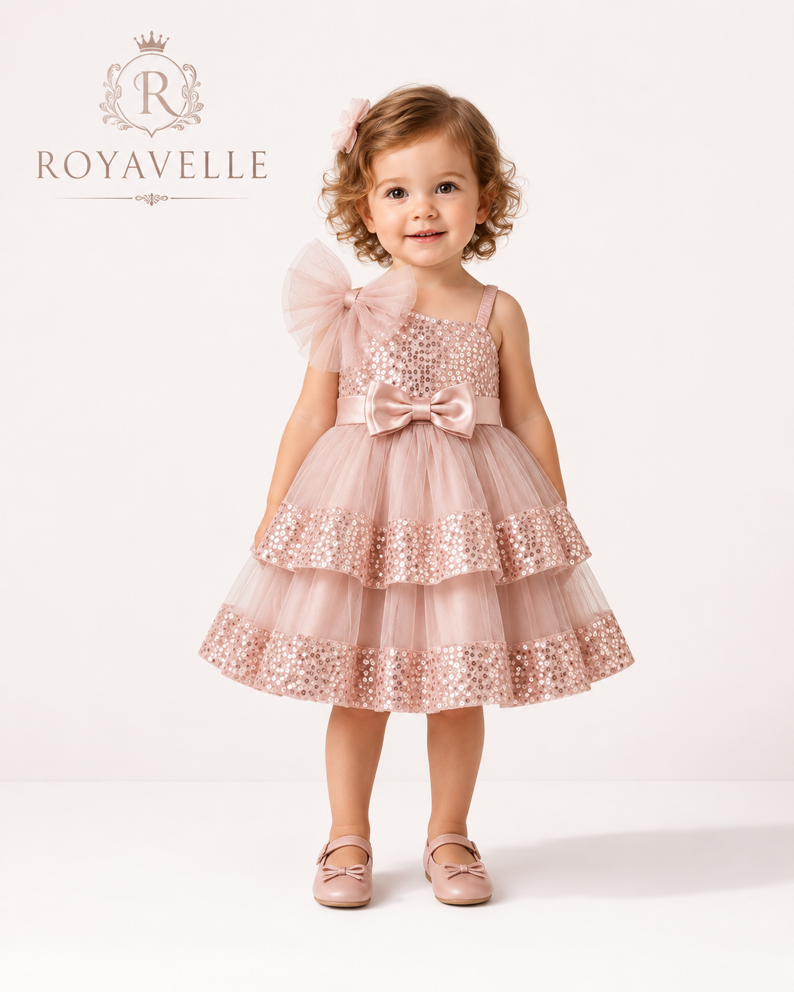 Young girl wearing a pink sequined dress with a bow, standing against a white background with 'Royavelle' branding.