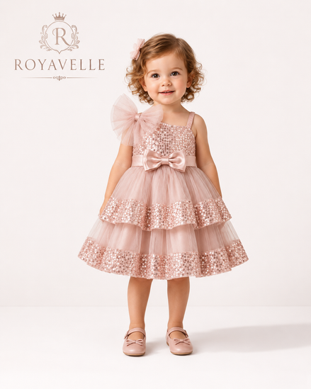 Young girl wearing a pink sequined dress with a bow, standing against a white background with 'Royavelle' branding.